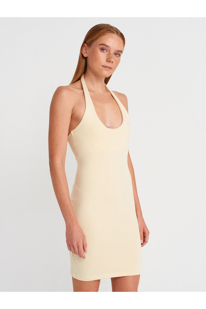 Dilvin 91508 Halter Neck Mini Dress-Light Yellow- Trendyol
