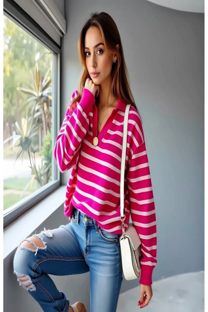 women's shirt collar striped sweater