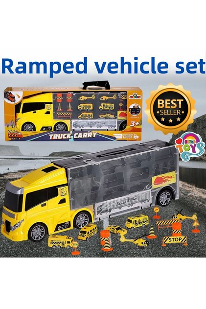 Construction Truck Set with Ramps - Construction Transporter Truck - Slide Truck - Vehicle Road Set - Truck Road Set - O