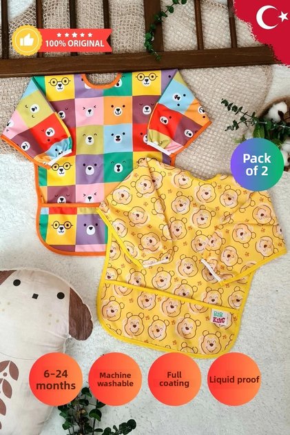 Bear and Square Bears Patterned 2 Pack Liquid Proof Unisex Activity and Feeding Bib 6-24 Months A202