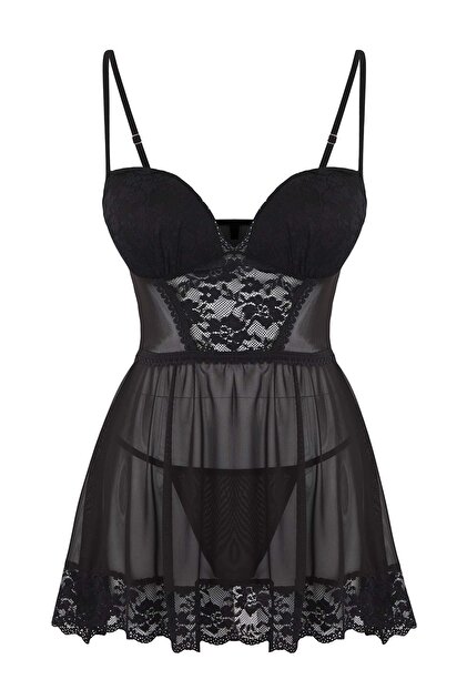 Trendyol Collection Black Lace and Ribbon Detail Tulle Covered Panty  Babydoll/Fantasy Nightgown Thmaw26Cy00002- Trendyol