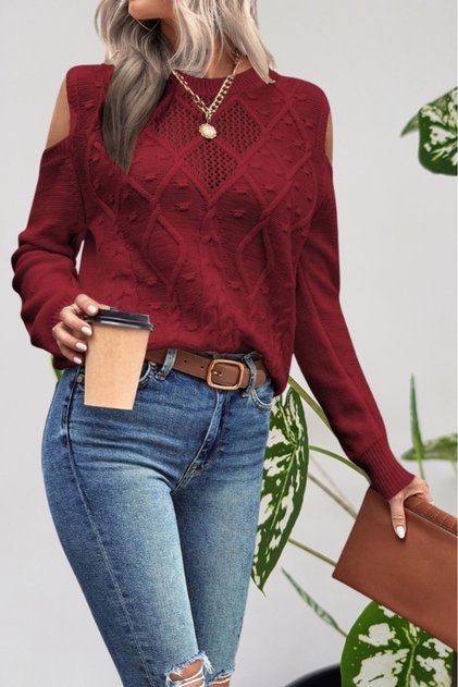 Women's Crew Neck Mesh Detailed Hair Braid Execution Patterned Shoulder Detailed Burgundy Knitwear Sweater