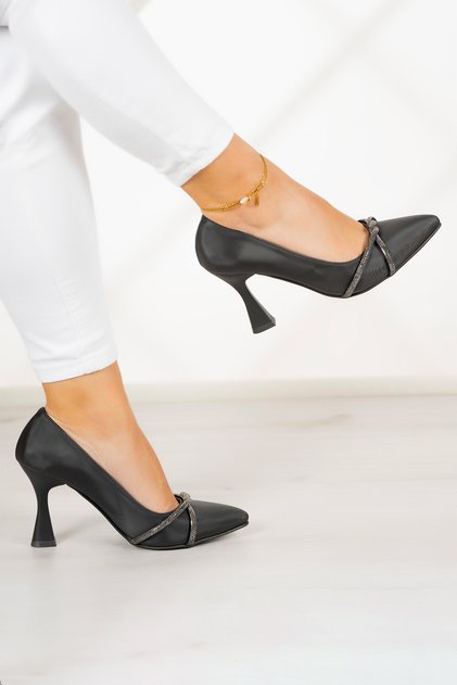 Abby Black Satin Burma Stone Pointed Toe Goblet Heeled Evening Dress Shoes