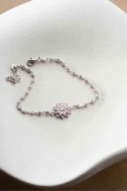 925 Ayar Gümüş Pembe Taşlı Lotus Çiçeği Suyolu Bileklik