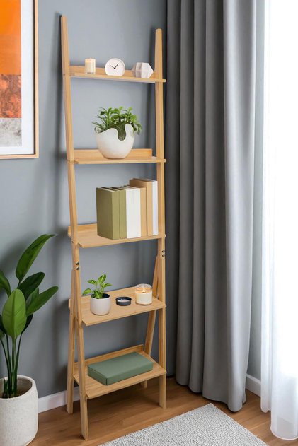 Bambu 5 Raflı Merdiven Kitaplık Banyo Düzenleyici Raf Organizer Saksılık DB-0022