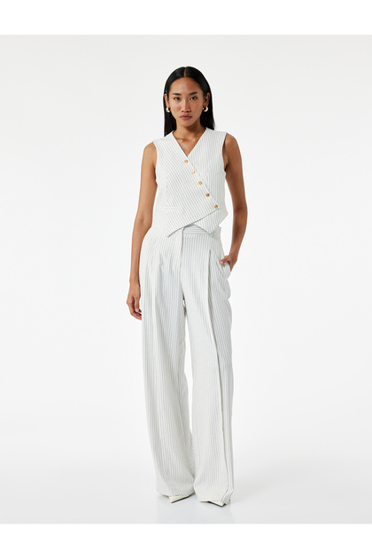 Striped High Waist Palazzo Trousers with Pockets and Pleat Detail