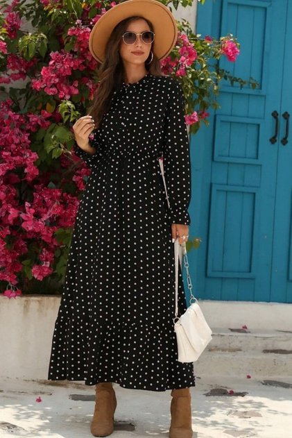 فستان كريب بأكمام طويلة وياقة مربوطة - أسود