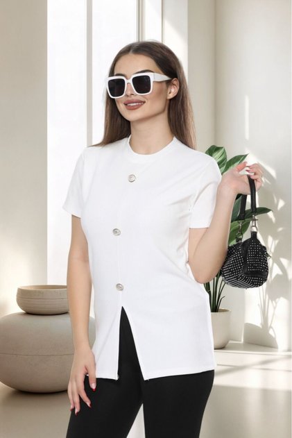 Women's Corduroy Button Detailed Asymmetrical Cut Blouse