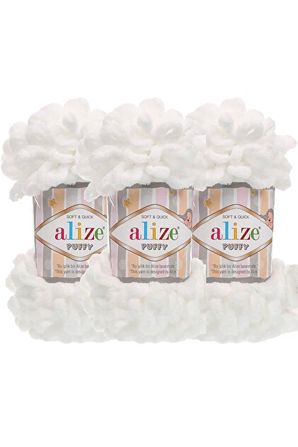 Puffy 3 paketa pređe za ručno pletenje - Bez igle - 100g x 3 komada - Boja br: 55 - Bela