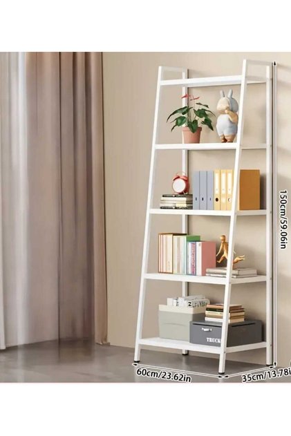 5 Katlı Merdiven Kitaplık Metal Çerçeve Açık Raf Düzenleyici Beyaz Dikey Depolama Rafı 60*150 CM