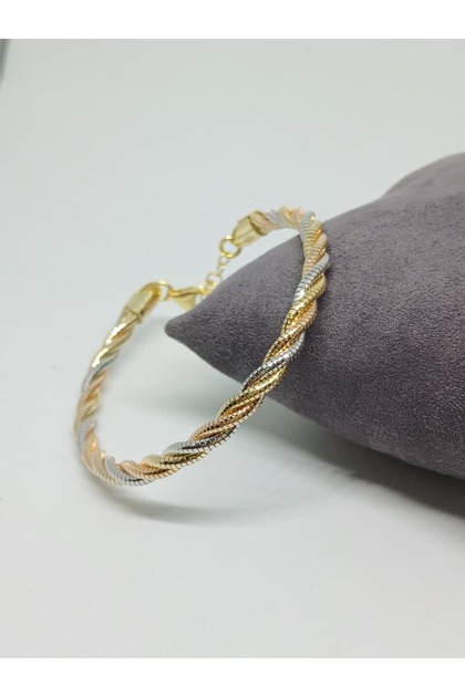 925 Ayar Üç Renkli Burma Model Kadın Gümüş Bileklik – Gümüş Gold Rose Gold