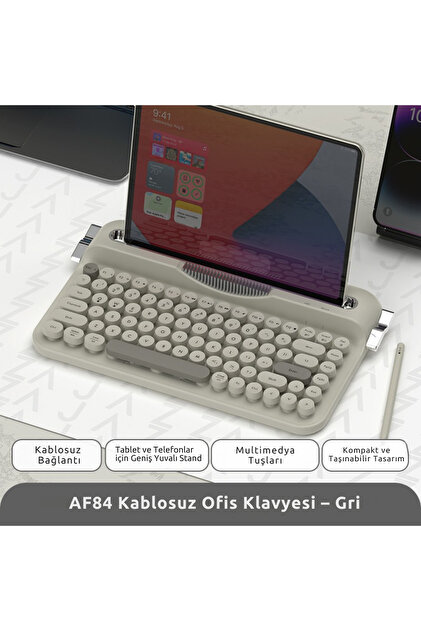 Coverzone Retro Daktilo Klavye Bluetooth & 2.4G, Standlı, Yuvarlak