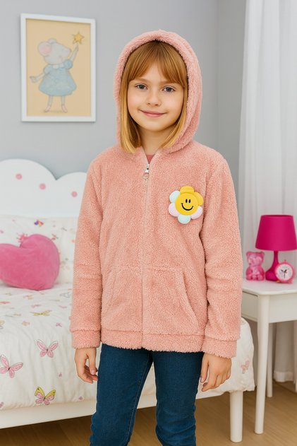Girl's plush cardigan with flower detail
