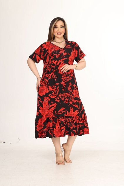 Large Size V-Neck Short Sleeve Robe Skirt Gathered Madi Size Viscose Combed Cotton Stylish Comfortable Dress