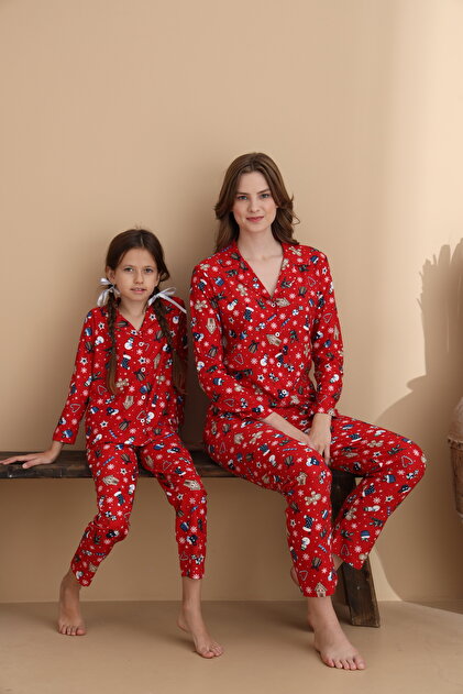Mixed Pattern Suede Knitted Long Sleeve Mother-Daughter Buttoned Pajama Set