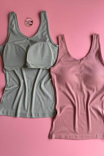 Bratique 2-Piece Sets |   Camisole, Padded Green and Powder Color V-Neck Women's Tshirt-Tank Top (Modal Fabric)