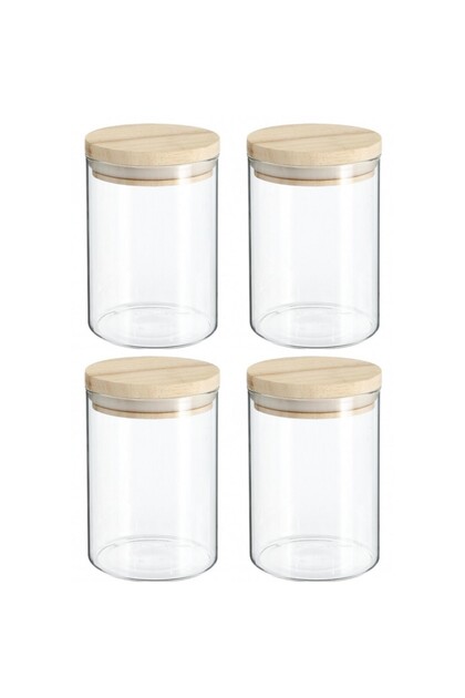 Set de 4 recipiente 5Five Woods, 600 ml, sticlă borosilicată, capac din lemn de arbore de cauciuc, 10 x H 14 cm