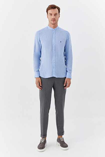 Sabri Özel Men's blue regular fit 100% linen judge collar shirt