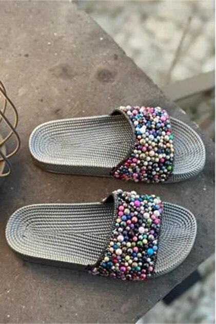 Women's Colorful Beaded Silver Summer Slippers