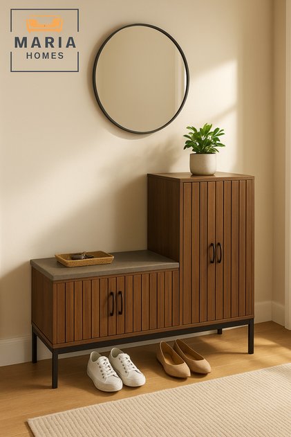 Modern Brown Wooden Storage Cabinet with Bench – 140×35×100 cm