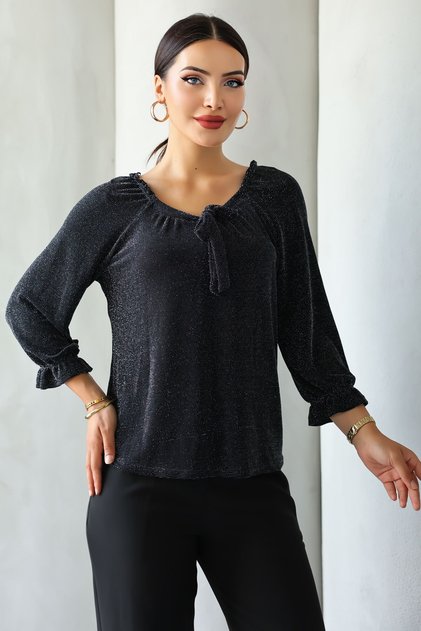 Lupinn Fashion Women's Black Lurex/Stone/Glossy/Sparkle Tie-Up Detail Long Sleeve Blouse – Elegant Design