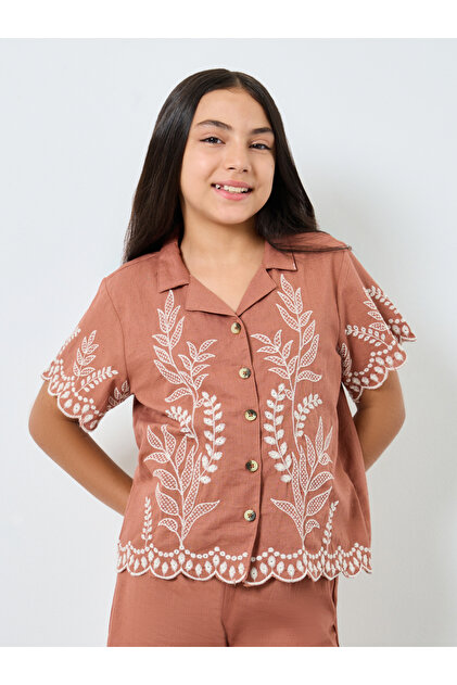 Girls Rust Embroidered Cotton Top