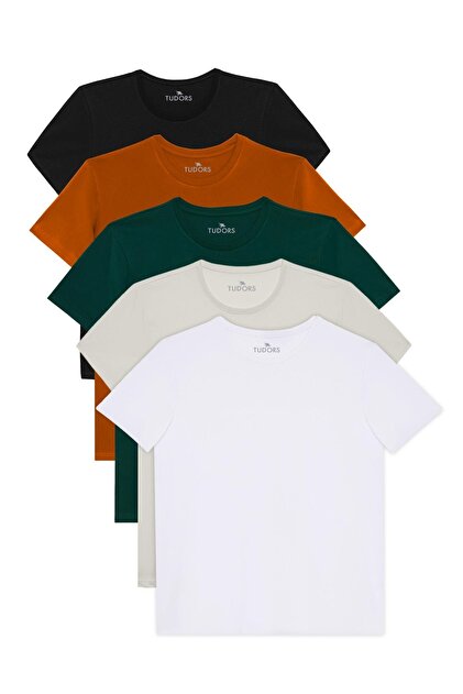 Unisex 5'li Paket Siyah-Beyaz-Taş-Tarçın-Z.Yeşil Slim Fit Dar Kesim %100 Pamuk Bisiklet Yaka Tişört