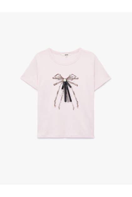 Cotton Short Sleeve Bow Printed Brooch Detailed T-Shirt