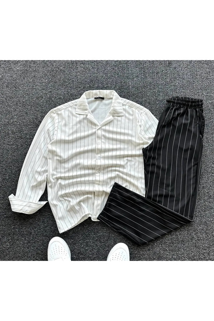 New Season Premium Crepe Fabric Striped Shirt-Pants Set of 2