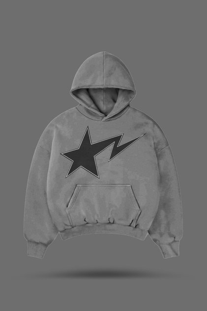 Oversize Y2K Star Printed Hooded Smoke Gray Sweatshirt