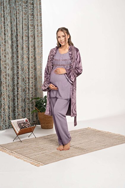 Set de pijamale pentru femei, din catifea prune, cu design special, cu volan