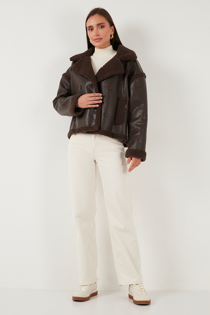 Lela Oversize Kruvaze Yaka Peluş Detaylı Suni Deri Biker Ceket