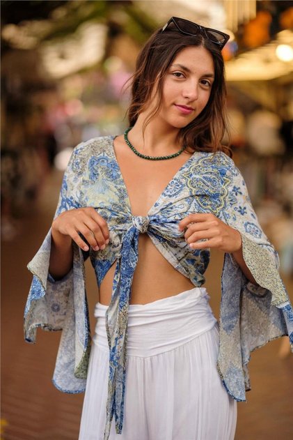 Green Color Spanish Sleeve Floral Pattern Blouse