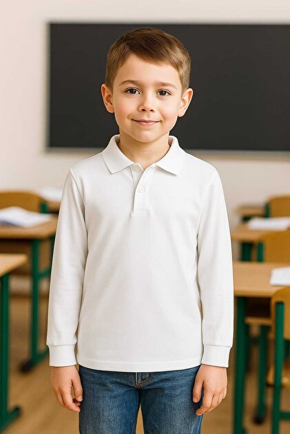 White School T-Shirt , White Long Sleeve Collar Girls Boys Unisex School T-Shirt