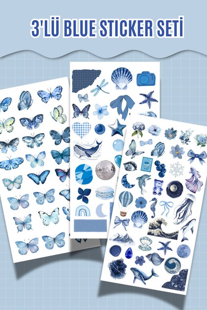 Blue Temalı Sticker Seti 3'lü Bullet Journal ve Scrapbook İçin