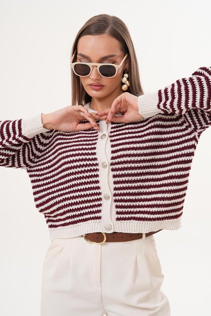 Women's Stripe Patterned Metal Buttoned Knitwear Knitted Cardigan 255210 -