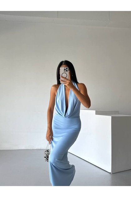 Shawl Collar Lycra Stretch Fabric Low-Cut Detailed Women's Maxi Evening Dress 52225052