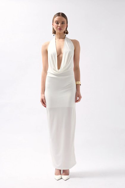 Shawl Collar Lycra Stretch Fabric Low-Cut Detailed Women's Maxi Evening Dress 52225052