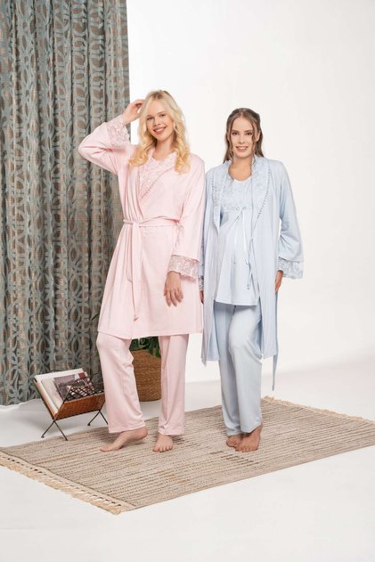 Women's Blue Shawl Collar Special Design Lace Winter Cotton Maternity Maternity Dressing Gown Pajama Set Set