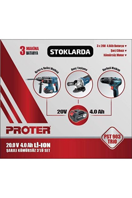 Proter PST 903 TRİO 20.0V 4.0 AH 3'LÜ SET - Fiyatı, Yorumları