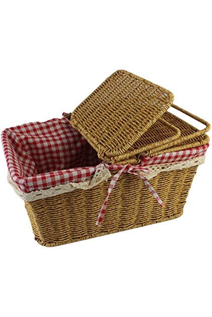 Large Size Plastic Rattan Knitted Picnic Basket Rectangular Plaid Cream Brt