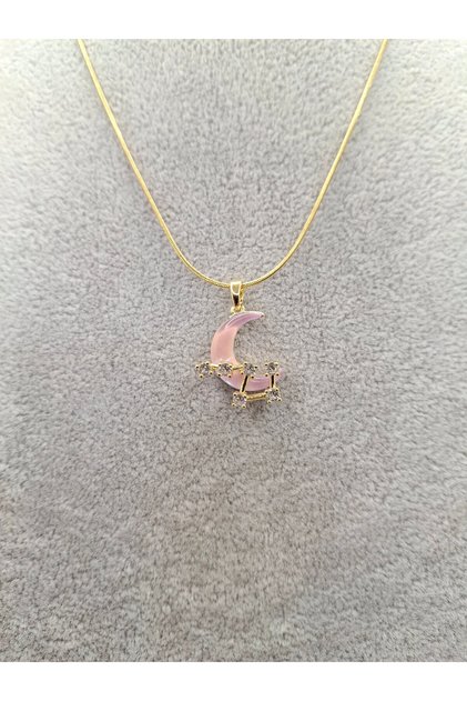 Gold Color Stone Team Starry Pink Crescent Steel Necklace