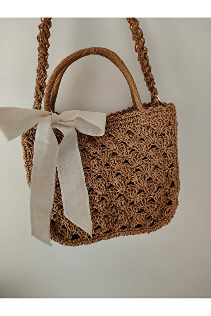 Design Hand Knitted Paper Rope Scarf Detailed Women's Shoulder and Hand Bag (Small Size)