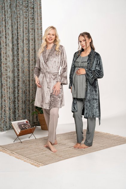 Dark Green Velvet Flange Sleeve Lace Winter Long Sleeve Maternity Maternity 3-Piece Dressing Gown Pajama Set