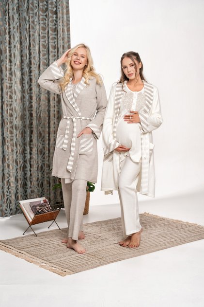 Beige Honeycomb Knitted Lace Winter Cotton Maternity Maternity 3-Piece Dressing Gown Pajama Set