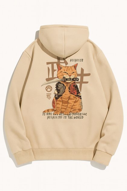 Oversize 3 Thread Hooded Cat Printed Unisex Sweatshirt
