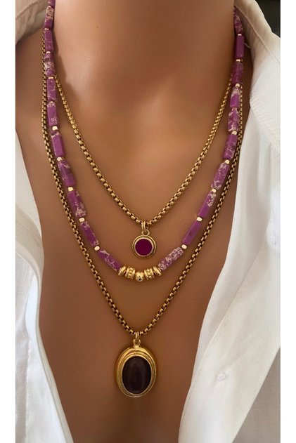 Set of Three Necklaces Steel Chain Natural Stone Purple Variscite Multiple Necklaces Women's Hypoallergenic Special Design Mother Lover Gift in a Box