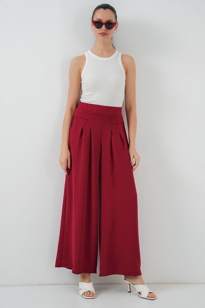 Women's Wide Leg Pleated Trousers Red 1298