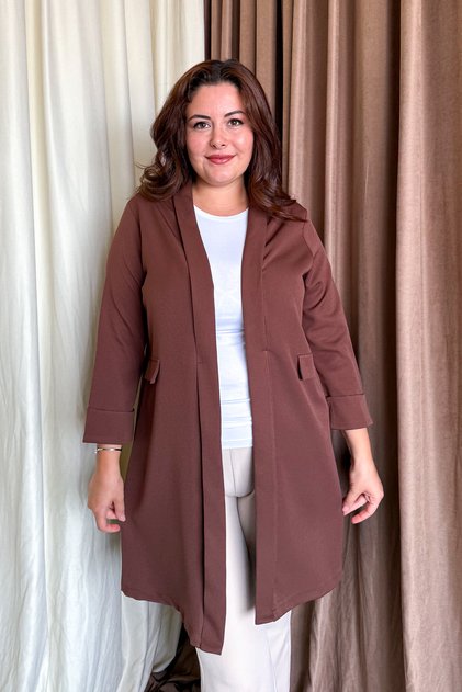 Kadın Büyük Beden Kolları Katlamalı Dabıl Kumaş Uzun Ceket 2335