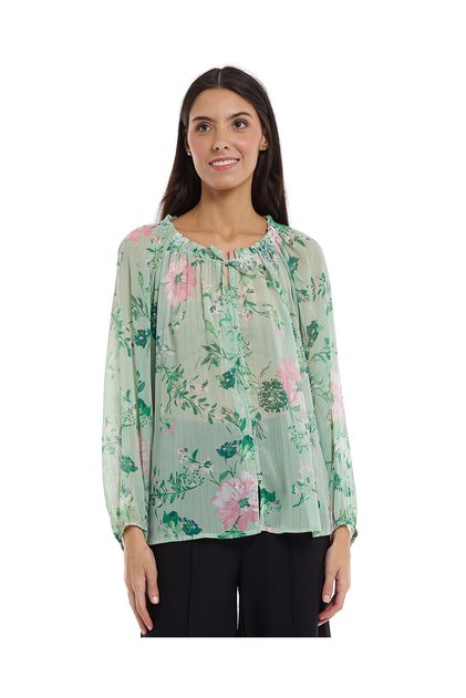 Floral Print Top with Round Neck and Puff Sleeves
